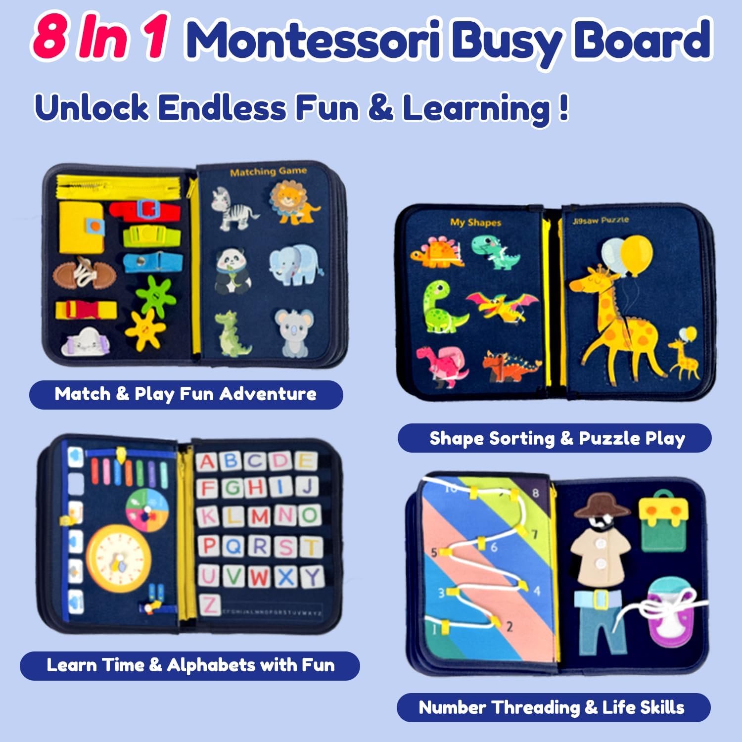 Qizfun Toddler Busy Board Montessori Toys – Sensory Busy Book, Educational Learning Travel Toy for Airplane & Car, Keeps Toddlers Entertained, Birthday Gifts for Toddler Boys Girls (Blue/P8)